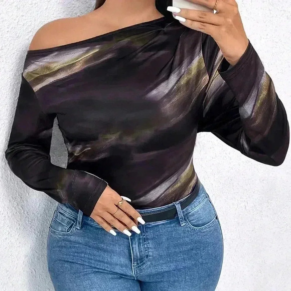 multicolor Casual Women's Plus Size Tie Dye Asymmetrical neck Shirt - Picture 5 of 6